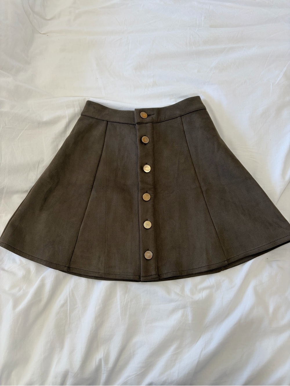Button-Front A-Line faux suede Mini Skirt in olive green